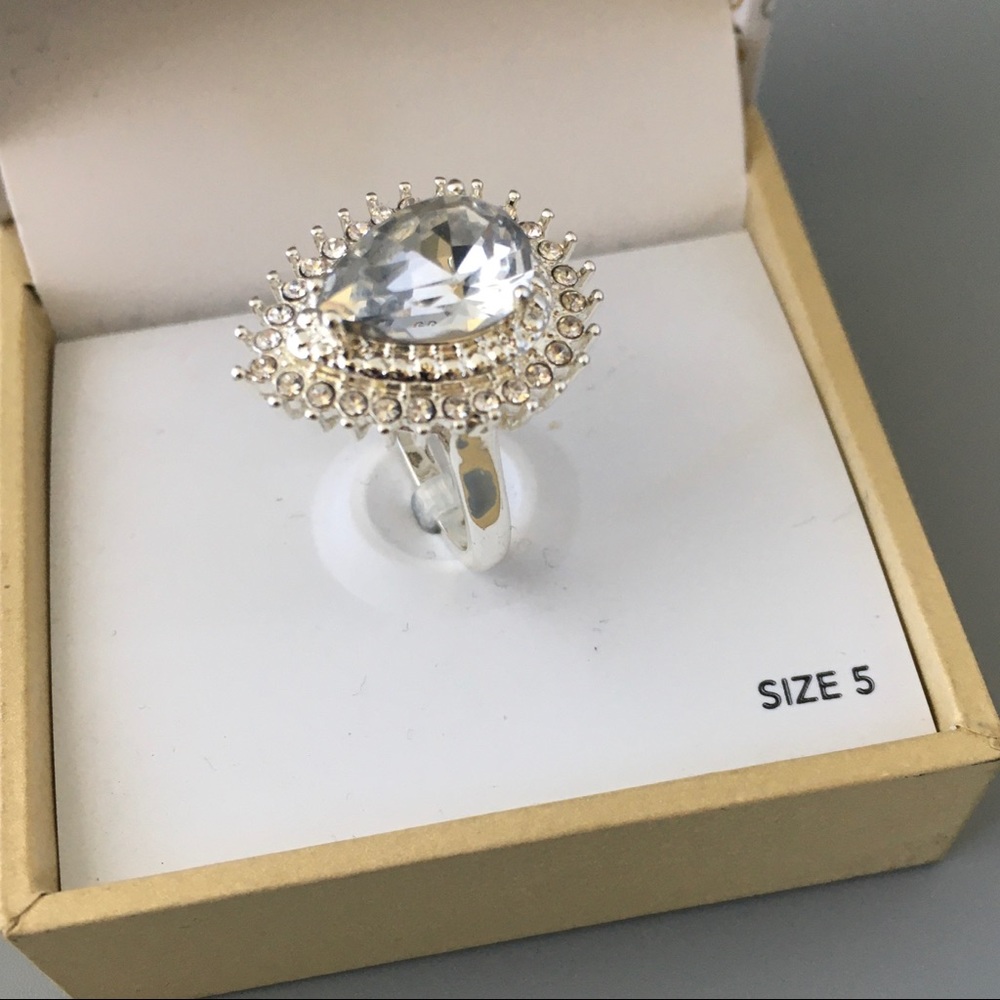 Silver CZ Pear Ring New in Box Silver Tone